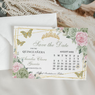 Save The Date Sage Green Rose Floral Quinceanera 16e Calendrier