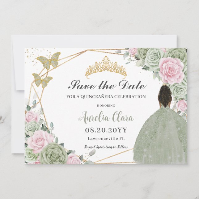 Save The Date Sage Green Rose Floral Quinceanera Brown Princesse (Devant)
