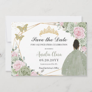 Save The Date Sage Green Rose Floral Quinceanera Brown Princesse