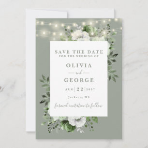 Save The Date Sage Green Rustic String éclaire le Mariage floral