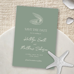 Save The Date Sage Green Shell Beach Ocean Destination Mariage