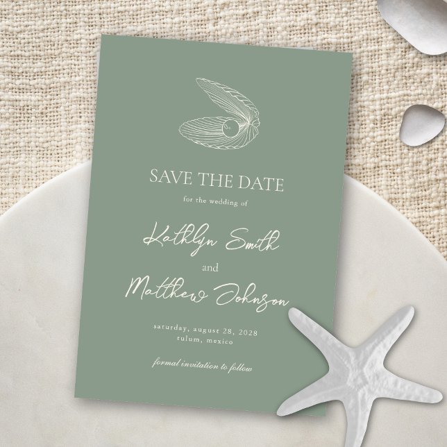 Save The Date Sage Green Shell Beach Ocean Destination Mariage (Créateur téléchargé)