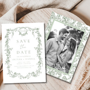 Save The Date Sage Green Victorian Floral Photo Mariage français
