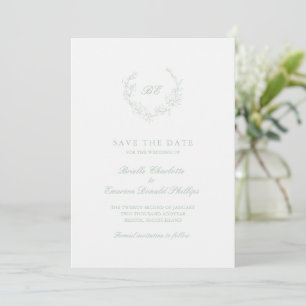 Save The Date Sage Green Wreath Monogramme Photo Mariage élégant
