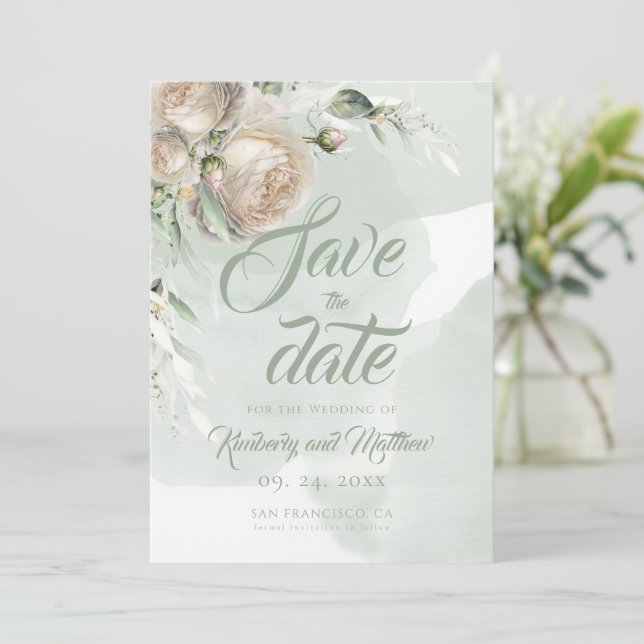Save The Date Sage Greenery White Rose Wedding (Debout devant)