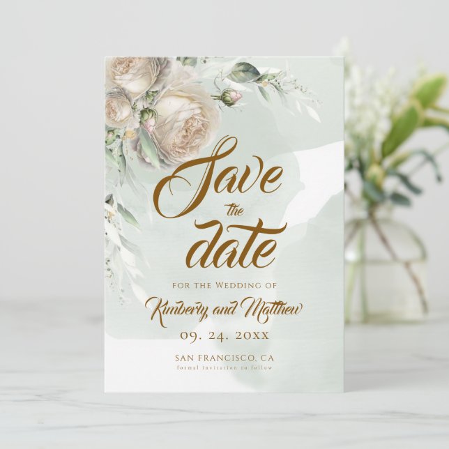 Save The Date Sage Greenery White Rose Wedding (Debout devant)