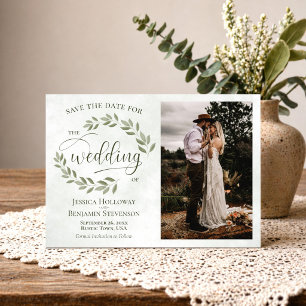 Save The Date Sage & Olive Green Feuilles & Photo Rustique Maria