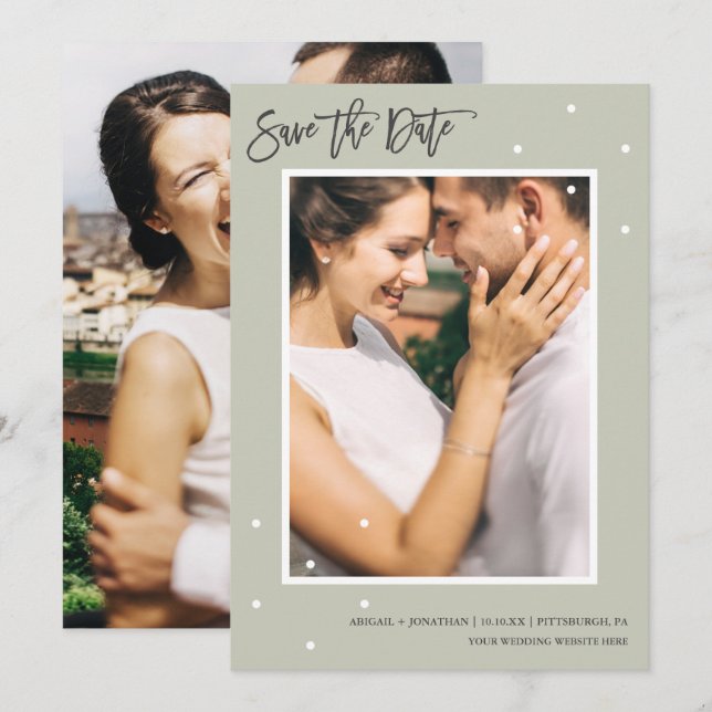 Save The Date Sage simple photo deux avec points Enregistrer la  (Devant / Derrière)