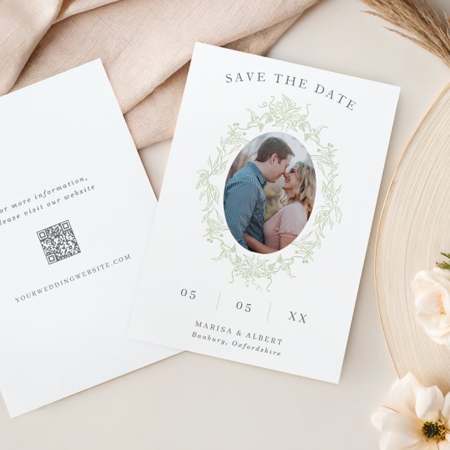 Save The Date Sage Toile Floral Frame Photo QR Code Mariage (Créateur téléchargé)