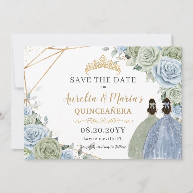 Save The Date Sage Vert Bleu Floral Twins Quinceanera Sweet 16 (Devant)