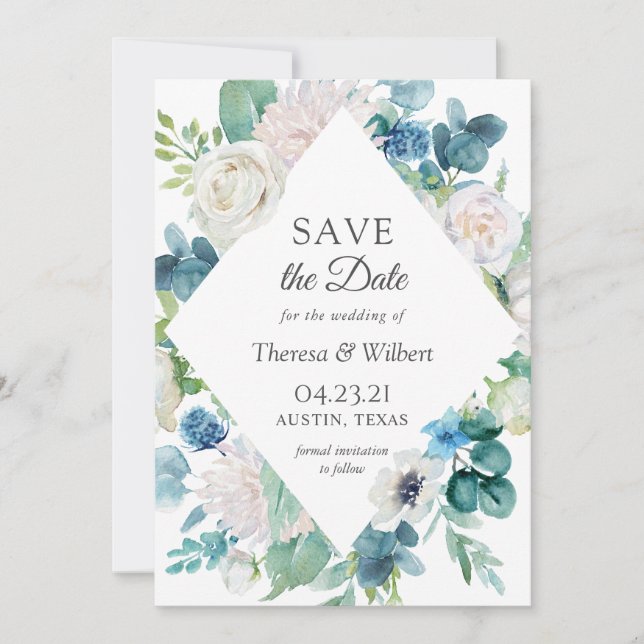 Save The Date Sage Vert Bleu Jardin Blanc Mariage Floral (Devant)