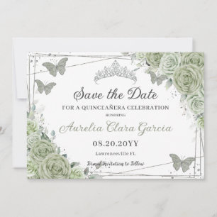Save The Date Sage Vert Floral Argent Quinceanera Sweet sixteen