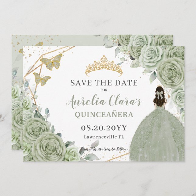 Save The Date Sage Vert Floral Or Quinceanera Sweet sixteen (Devant / Derrière)