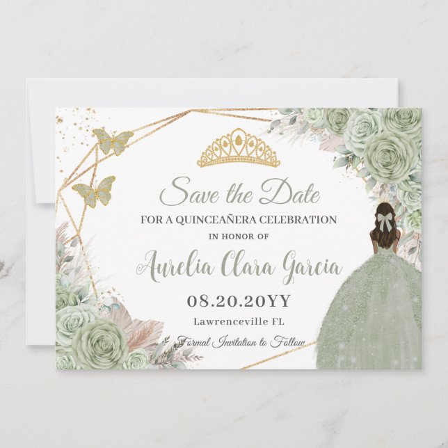 Save The Date Sage Vert Floral Pampas Grass Quinceanera Or (Devant)