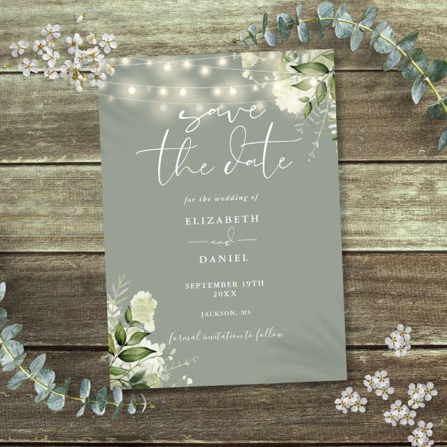 Save The Date Sage Vert Floral Verdure Chaîne Lumières Mariage (Sage Green Floral Greenery String Lights Wedding Save The Date)