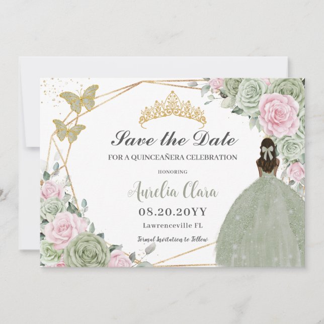 Save The Date Sage Vert rose Floral Quinceanera Tan Princesse (Devant)