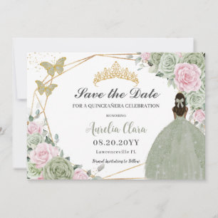 Save The Date Sage Vert rose Floral Quinceanera Tan Princesse