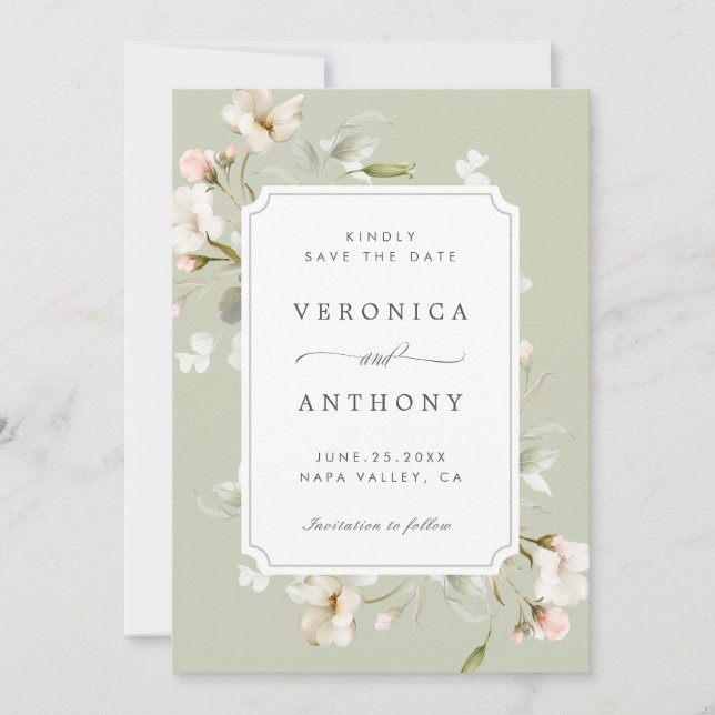 Save The Date Sage White Blush Élégant Mariage Floral Photo (Devant)