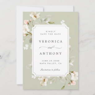 Save The Date Sage White Blush Élégant Mariage Floral Photo