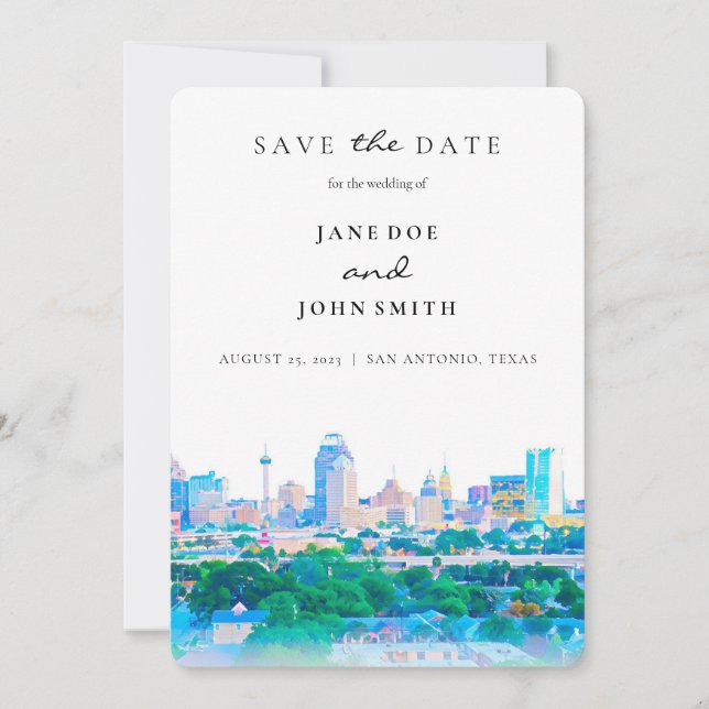 Save The Date San Antonio Texas Skyline à plat Enregistrer la ca (Devant)