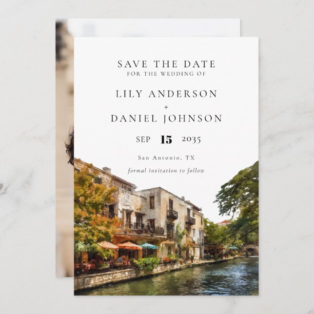 Save The Date San Antonio Watercolor Photo Wedding (Devant / Derrière)
