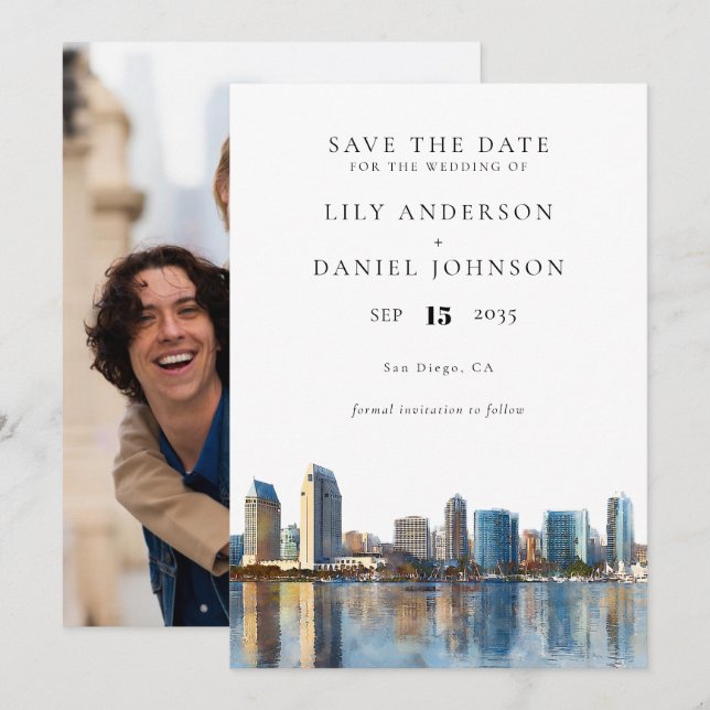 Save The Date San Diego Skyline Watercolor Photo Wedding (Devant / Derrière)