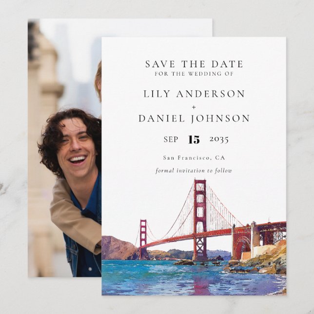 Save The Date San Francisco Watercolor Photo Wedding (Devant / Derrière)
