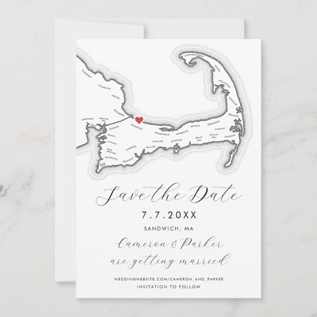 Save The Date Sandwich MA Cape Cod Map Mariage noir et blanc (Devant)