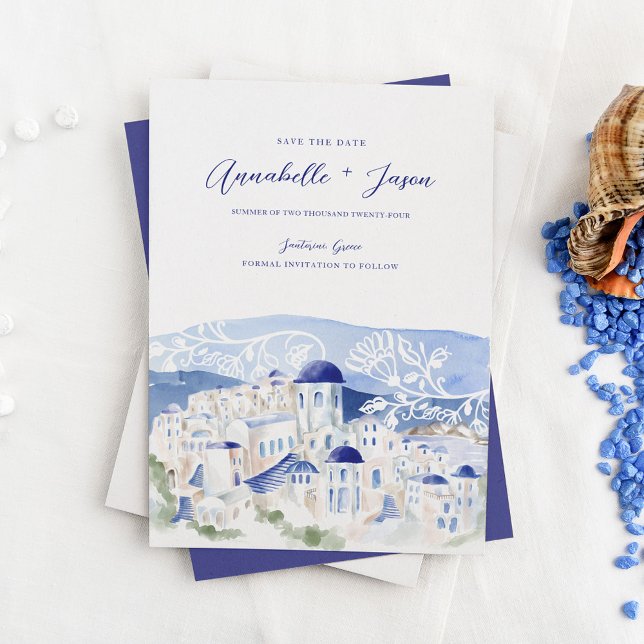 Save The Date Santorin Grèce Aquarelle Destination Mariage (Santorini Greece Watercolor Destination Wedding Save The Date)