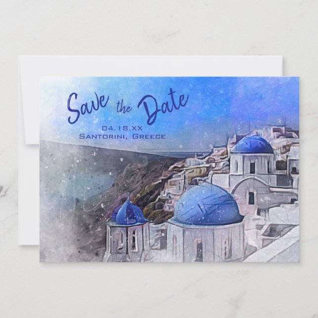 Save The Date Santorin Grèce Aquarelle Destination Mariage (Devant)
