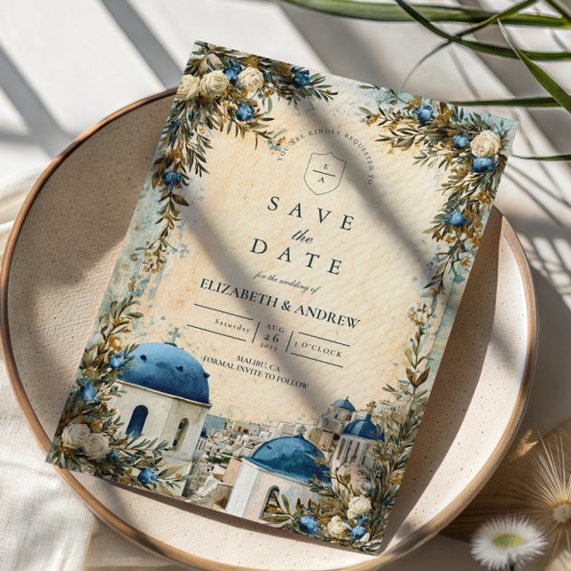 Save The Date Santorini Blue Dome Botanical Destination Wedding (Créateur téléchargé)