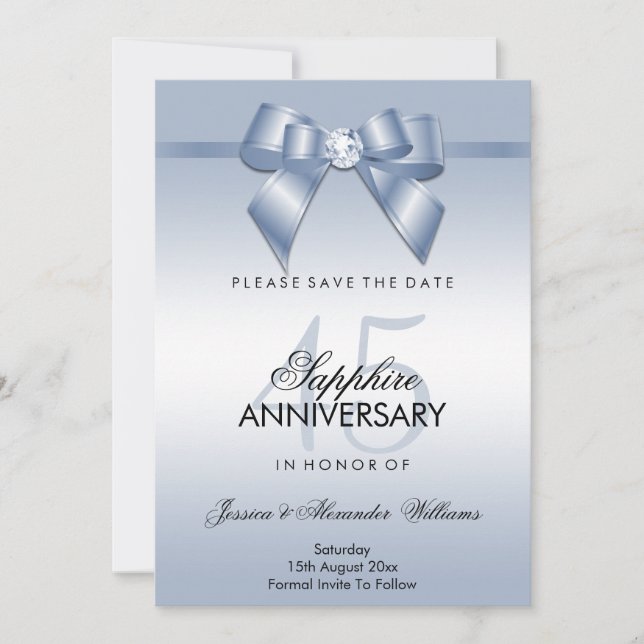 Save The Date Sapphire Gem Bow & Ribbon 45e anniversaire de Mari (Devant)