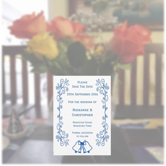 Save The Date Sapphire Wedding Enregistrer La Date Bells Scrollw (Blue sapphire wedding save the date bells and scrollwork design)