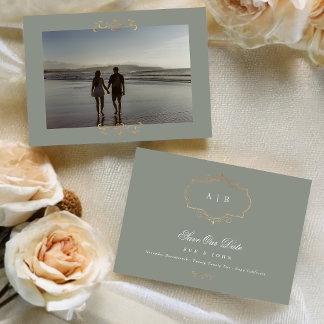 Save The Date sauge vert classique photo or monogramme mariage