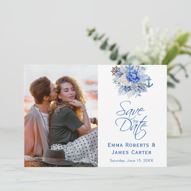 Save The Date Sauvegarde de photo florale bleu poussiéreux pour  (Debout devant)