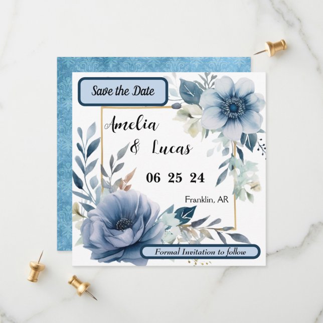 Save The Date Sauvegarder la date bleu floral (Devant/Arrière en situation)