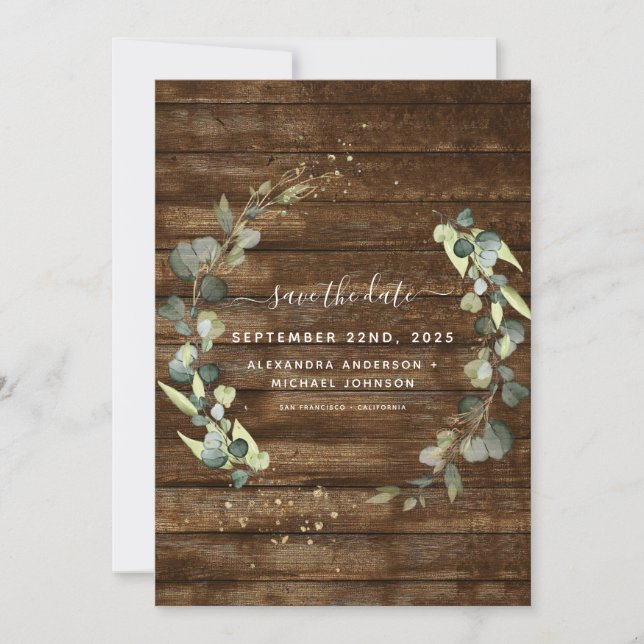 Save The Date Sauvegarder la Date Eucalyptus Verdure Bois Rustiq (Devant)