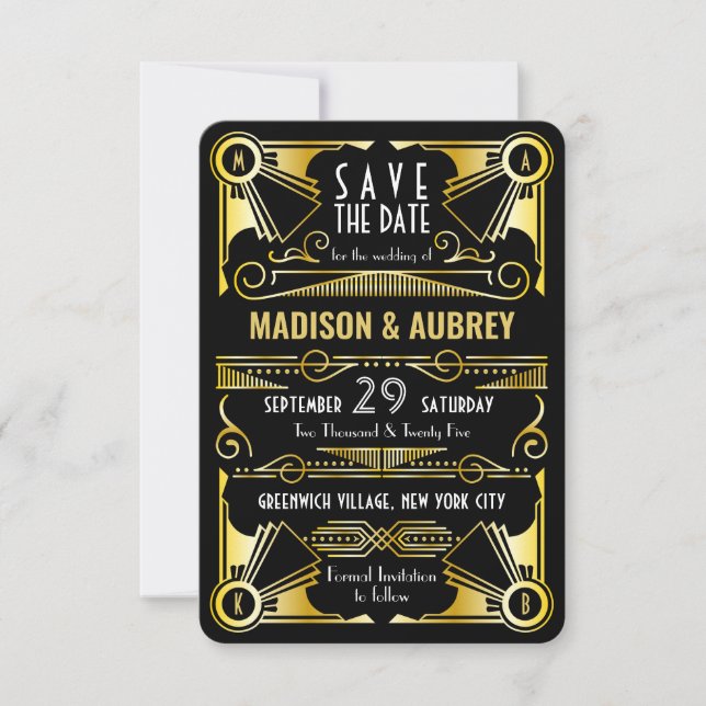 Save The Date Sauvegarder la date Gatsby Art déco mariage or noi (Devant)