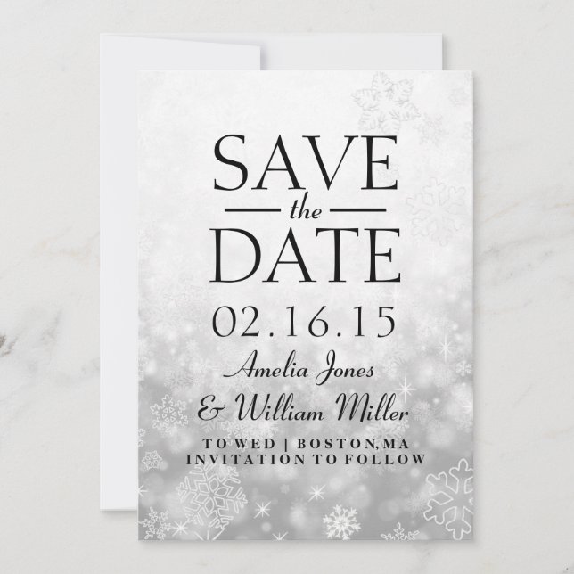 Save The Date Sauvegarder la date gris paillettes flocon de neig (Devant)