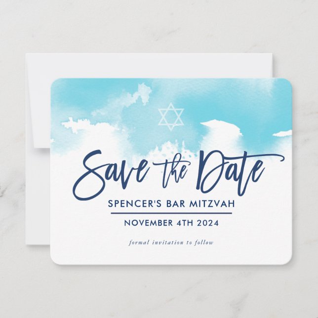 Save The Date Sauvegarder la date MITZVAH aquarelle bleu aqua mo (Devant)