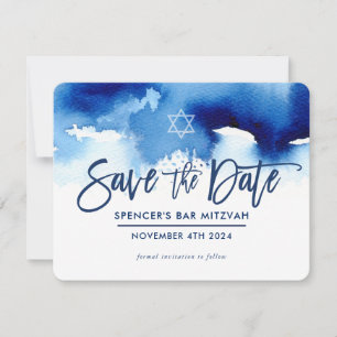 Save The Date Sauvegarder la date Mitzvah bleu foncé moderne aqu