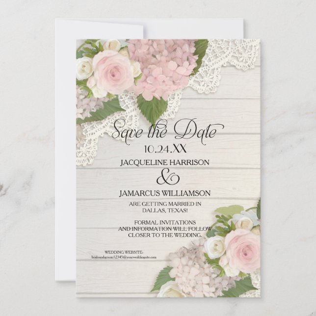 Save The Date Sauvegarder la date Photo Dentelle Rose Hydrangea  (Devant)