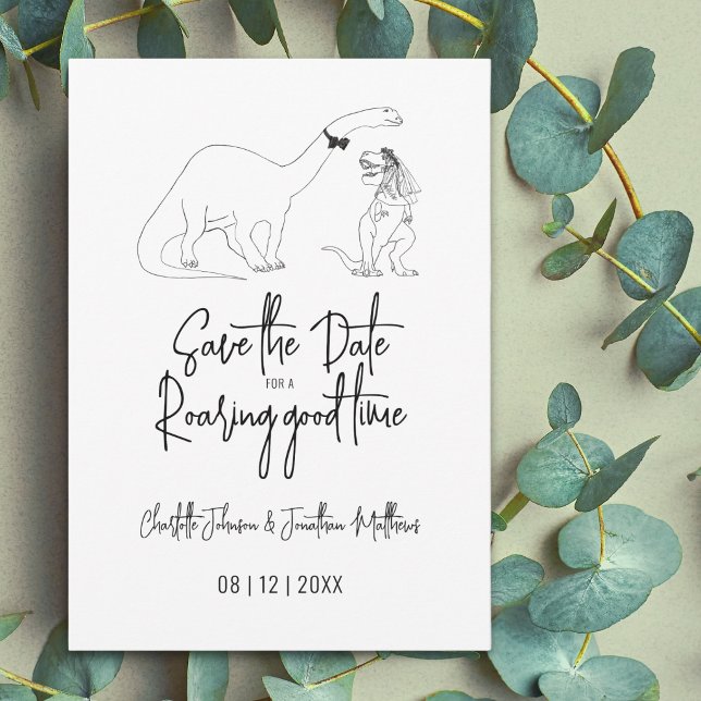 Save The Date Sauvegarder la date pour une soirée endiablée mari (Save the date for a roaring good time funny dinosaur wedding T-Rex bride brontosaurus groom line art)