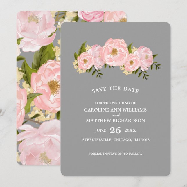 Save The Date Sauvegardez la date. Mariage aux pivoines roses bl (Devant / Derrière)