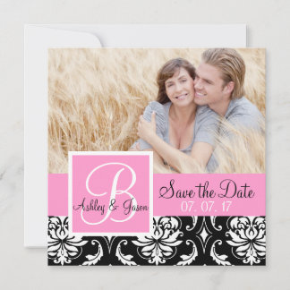 Save The Date Sauver la Date Black Damask Monogramme Noms Rose