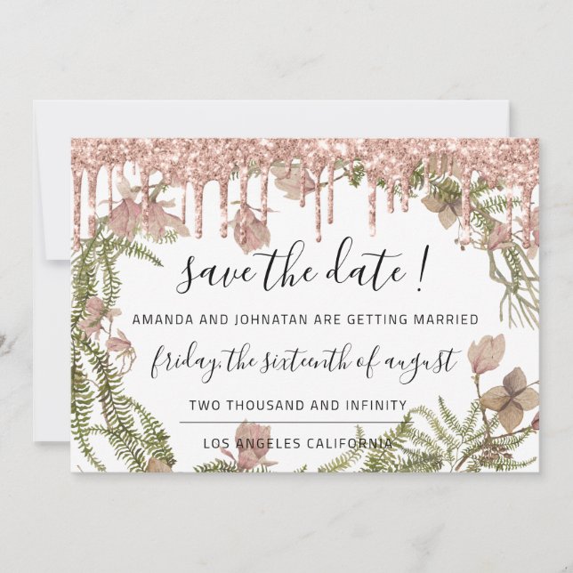 Save The Date Sauver la date Black Rose Floral Woodland Drips (Devant)
