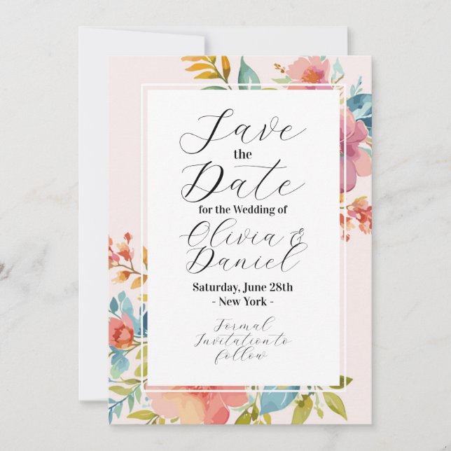 Save The Date Sauver la date Fleurs d'été Floral Rose Bleu (Devant)