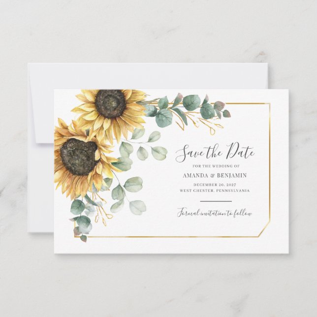 Save The Date Sauver la Date Floral Rustique Tournesol Eucalyptu (Devant)