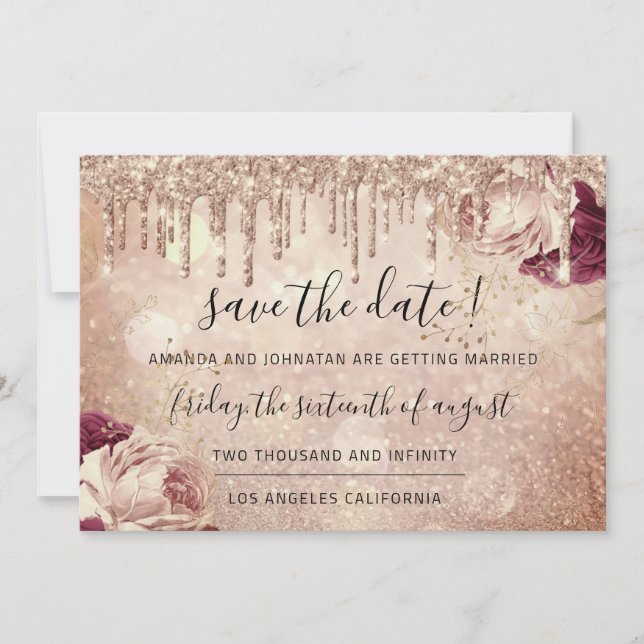 Save The Date Sauver la date  Florals Rose Paillettes Drips Mars (Devant)
