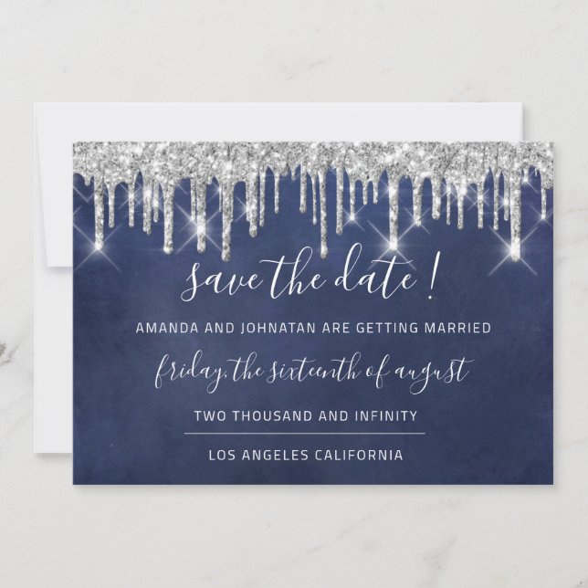 Save The Date Sauver la date Kraft gris argent goutte bleu marin (Devant)